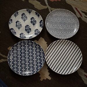 West Elm Blue and White Patterned Ceramic Dinner Plates - Set of 4